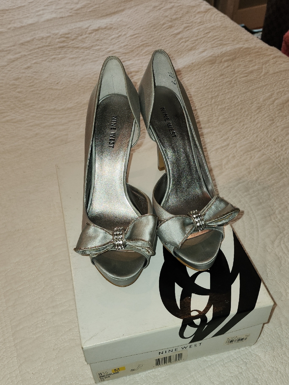 Nine West Silver Satin Peep-Toe Heels with Crystal Bow